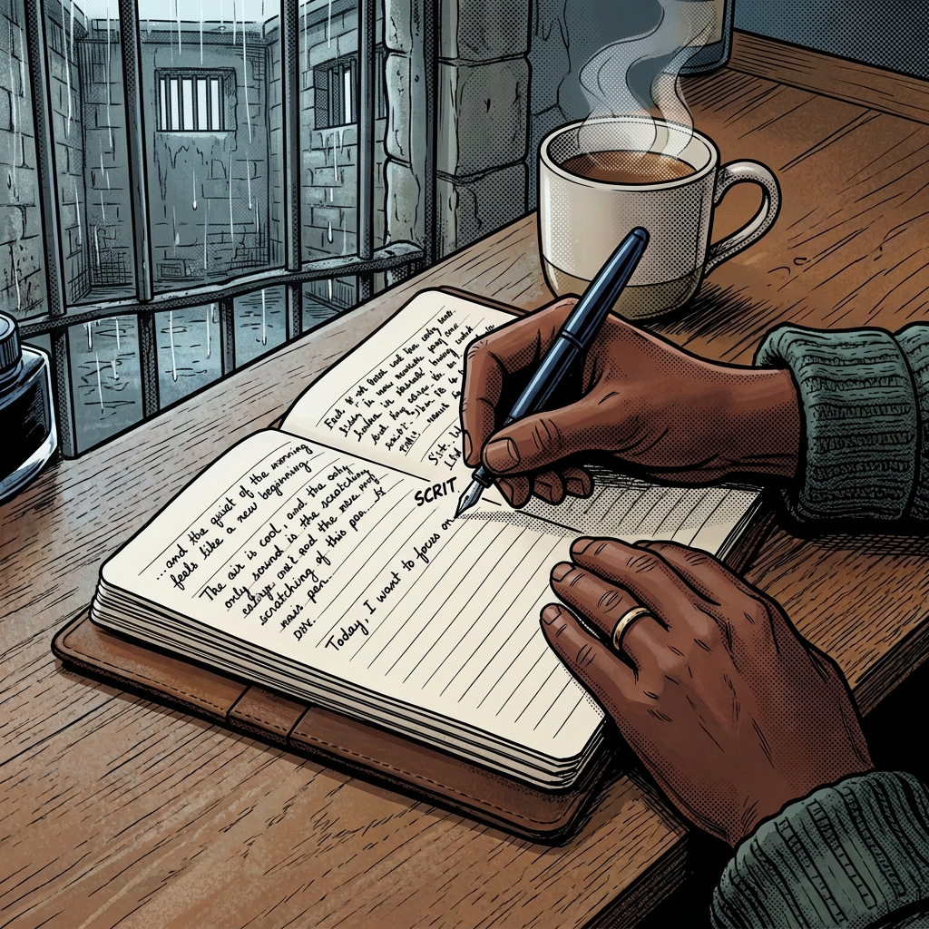 Person writing in a lined journal using a blue fountain pen at a wooden desk with a cup of tea and a small potted succulent plant